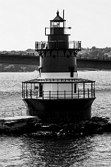 Plum Beach Light Sits on Rocky Ledge By Jamestown Bridge -BW